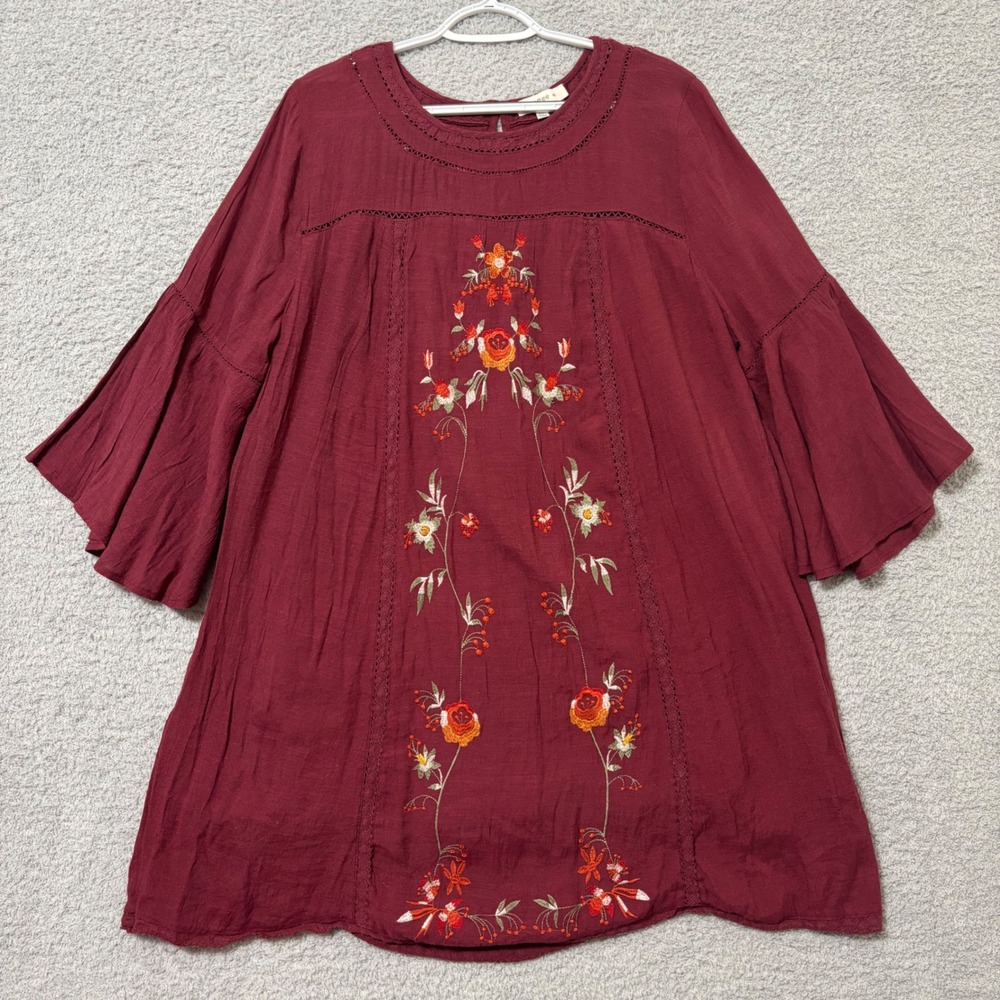 Burgundy Floral Embroidered Mini Dress Plus Size 2XL Bell Sleeve Boho Umgee